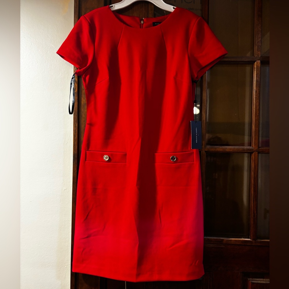 Tommy Hilfiger Red Short-Sleeve Shift Dress w/ buttons and zipper back
